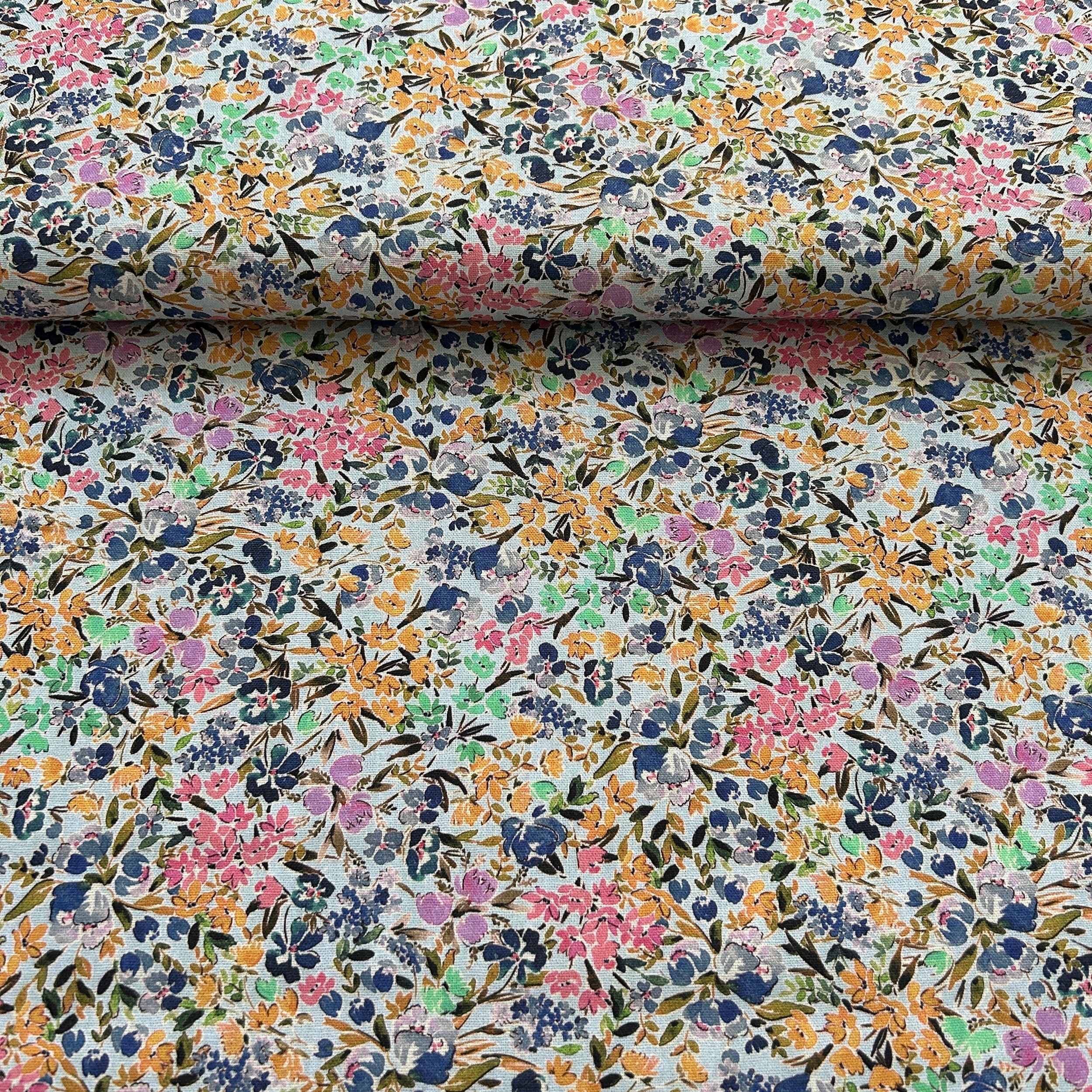 Tissu lin viscose fleuri multi couleur bleu