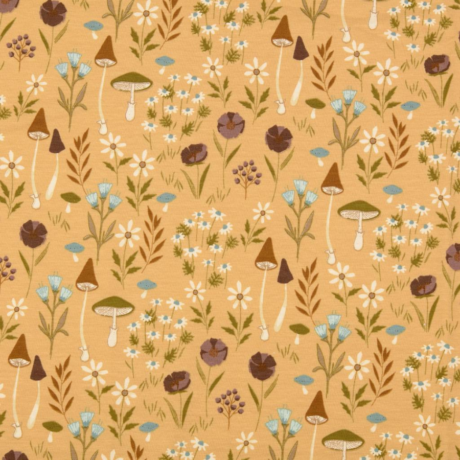 Tissu jersey beige champignon et fleur