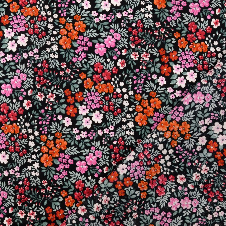 Tissu  popeline coton petites fleurs colorés fond noir (2)