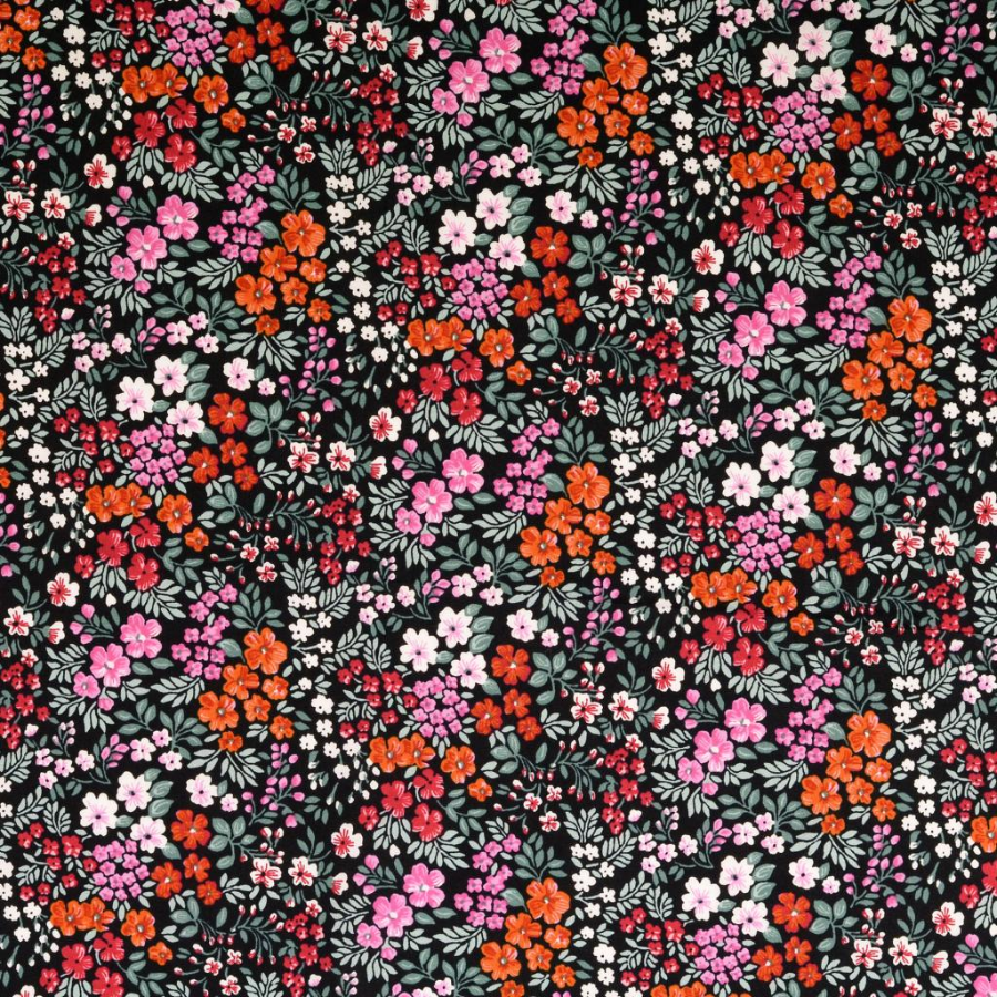 Tissu  popeline coton petites fleurs colorés fond noir