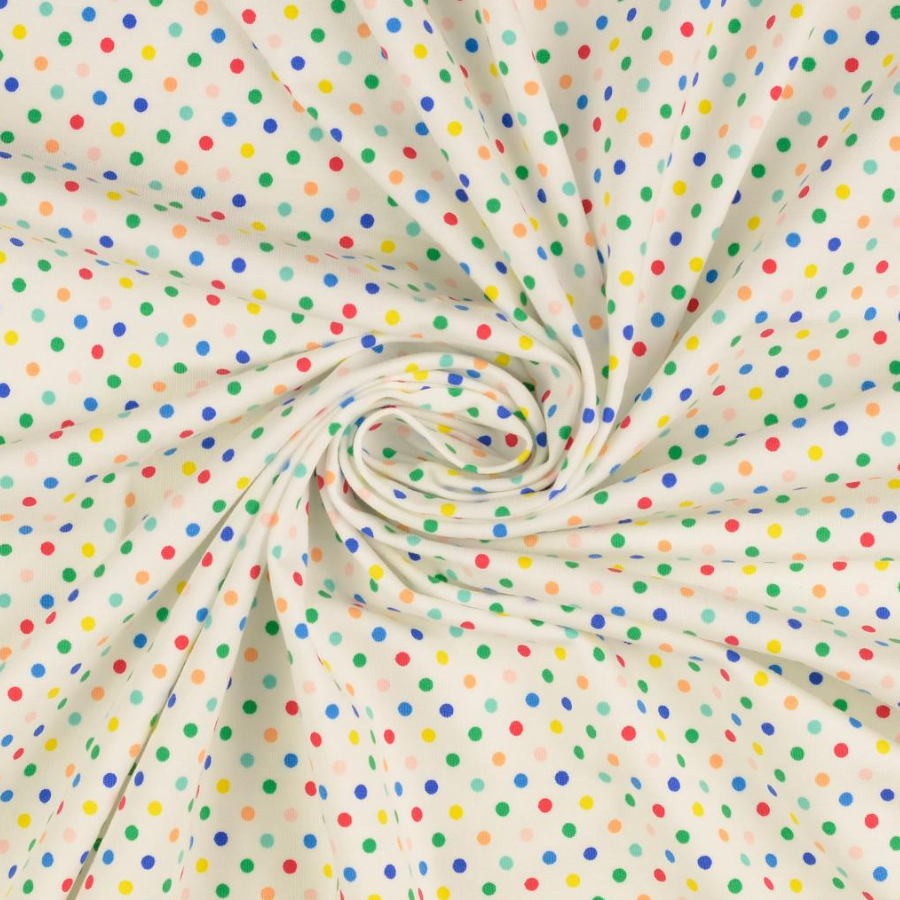 Tissu jersey coton petit pois multi couleur fond blanc (1)