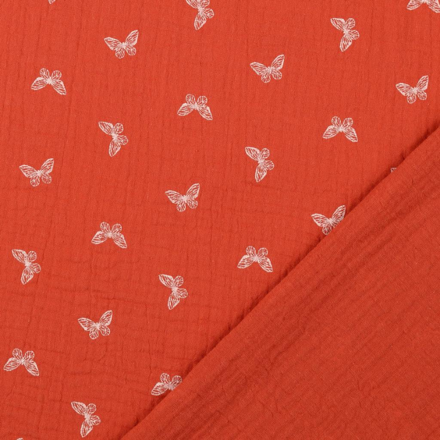 Tissu double gaze orange papillon blanc  (2)