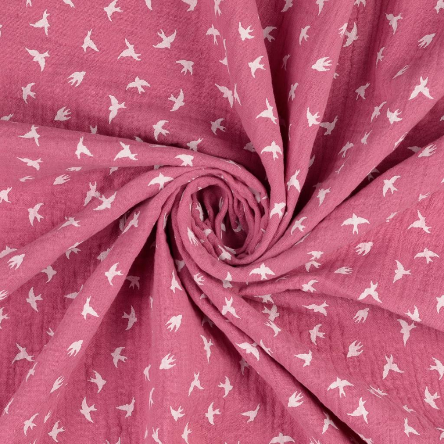 Tissu double gaze rose mauve oiseau blanc  (1)