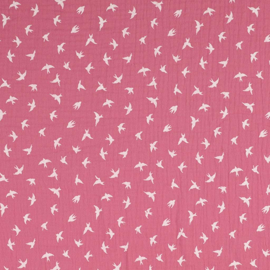 Tissu double gaze rose mauve oiseau blanc