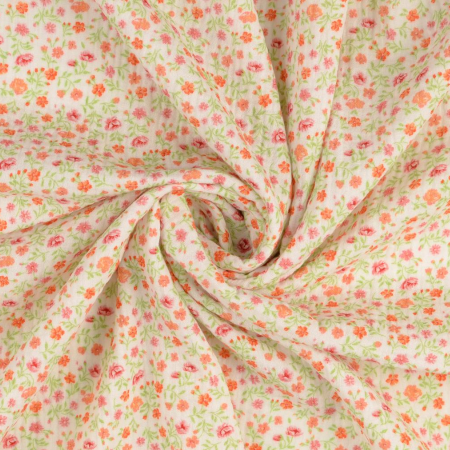 Tissu double gaze esprit liberty fleuri orange  (1)