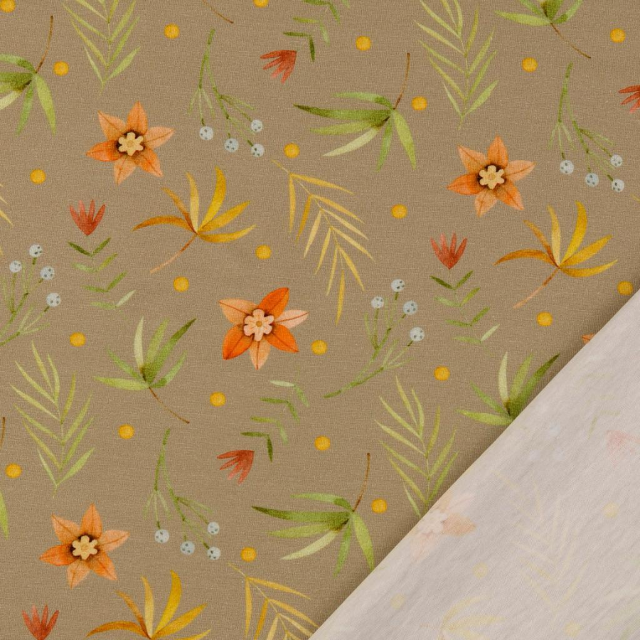Tissu jersey coton beige fleur orange  (2)