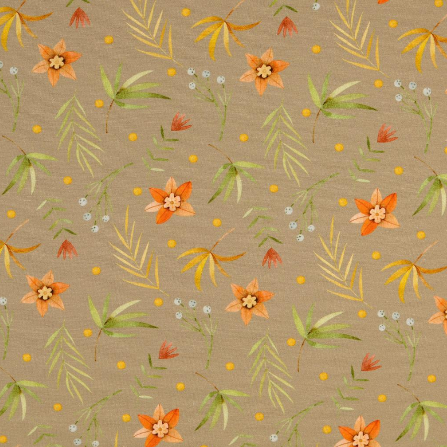 Tissu jersey coton beige fleur orange