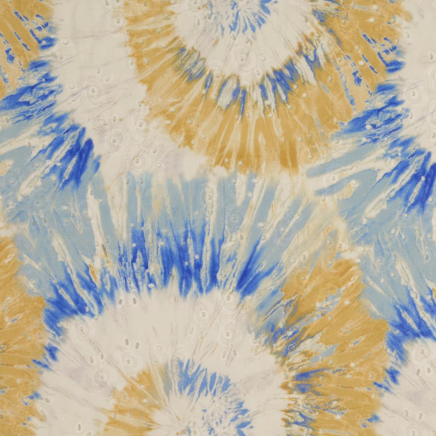 Tissu coton broderie anglaise tie and dye bleu et beige