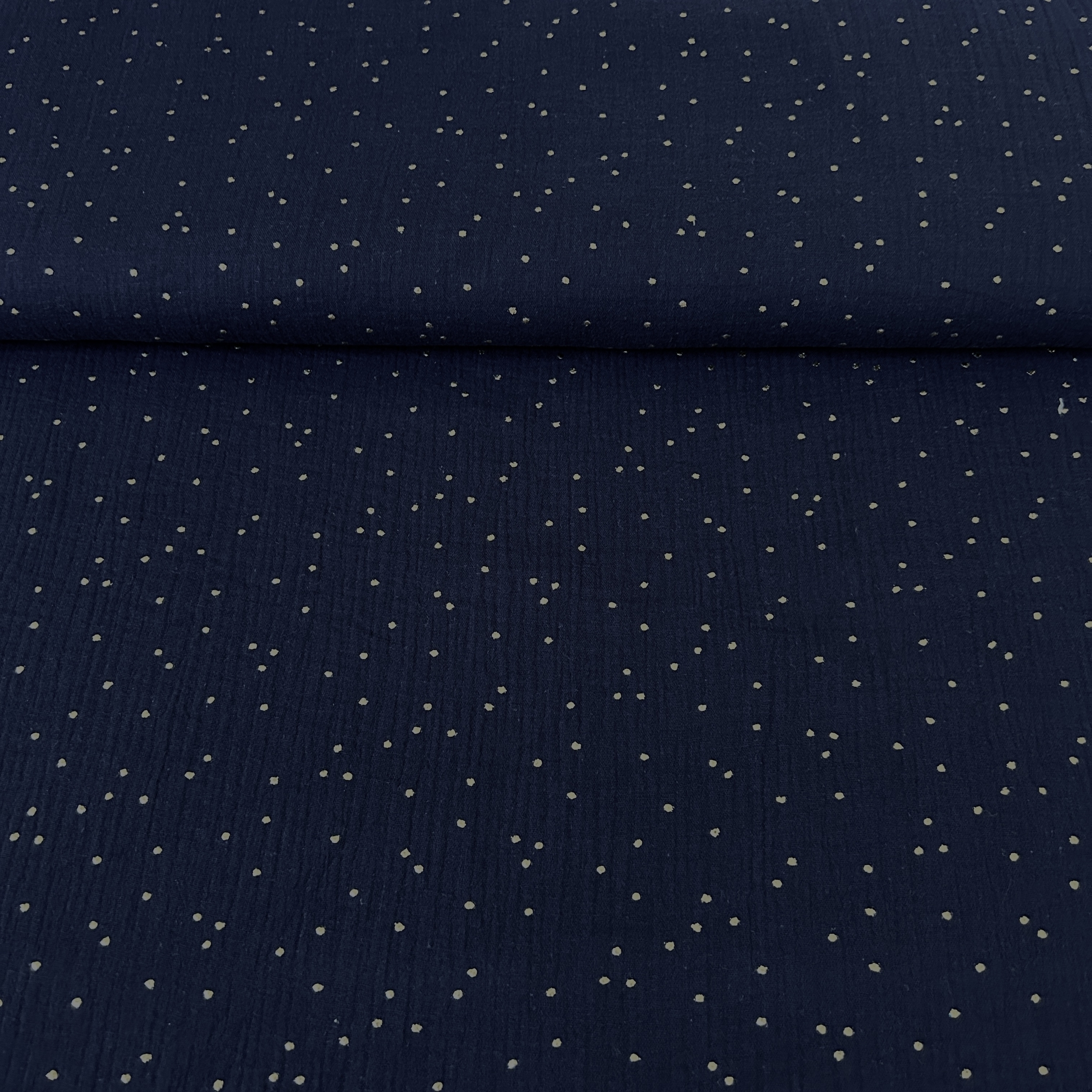 Tissu double gaze pois or bleu marine (1)
