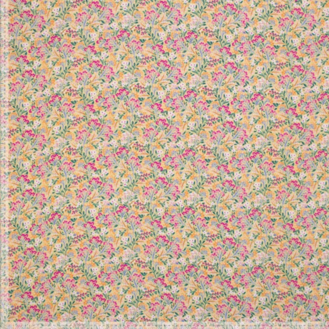 Tissu viscose fleuri rose sur fond jaune