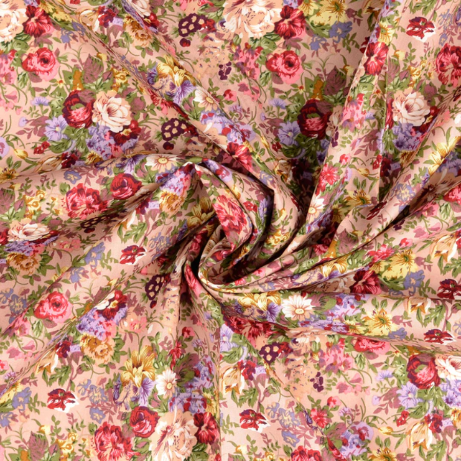 Tissu popeline de coton fleuri fond rose (900) (1)