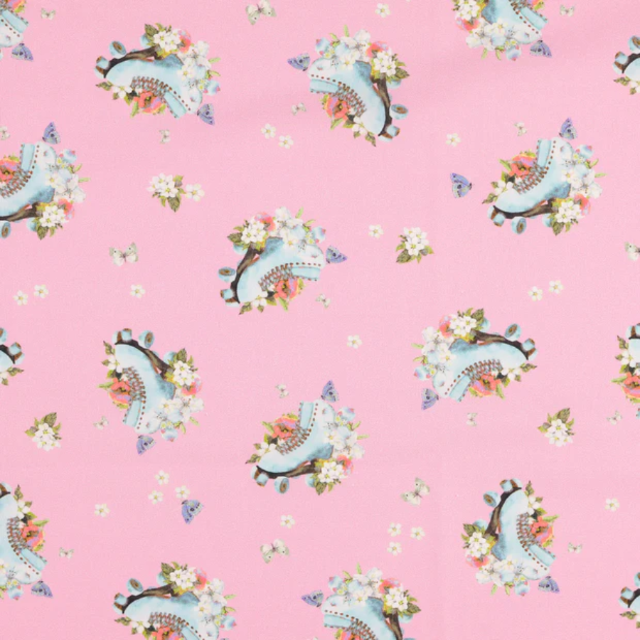 coupon popeline coton patin à roulettes rose et fleuri (900) (1)