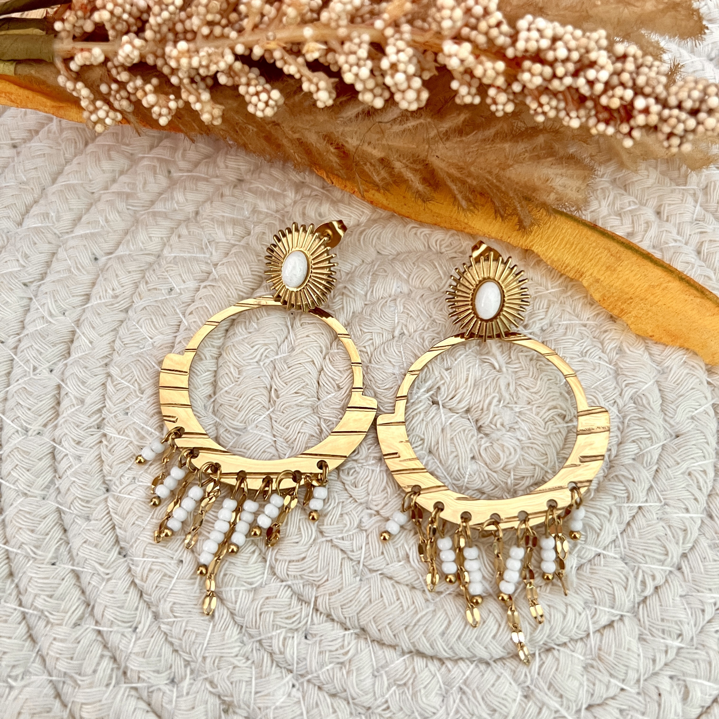 Boucles doreilles acier inoxydable pierre blanche.j