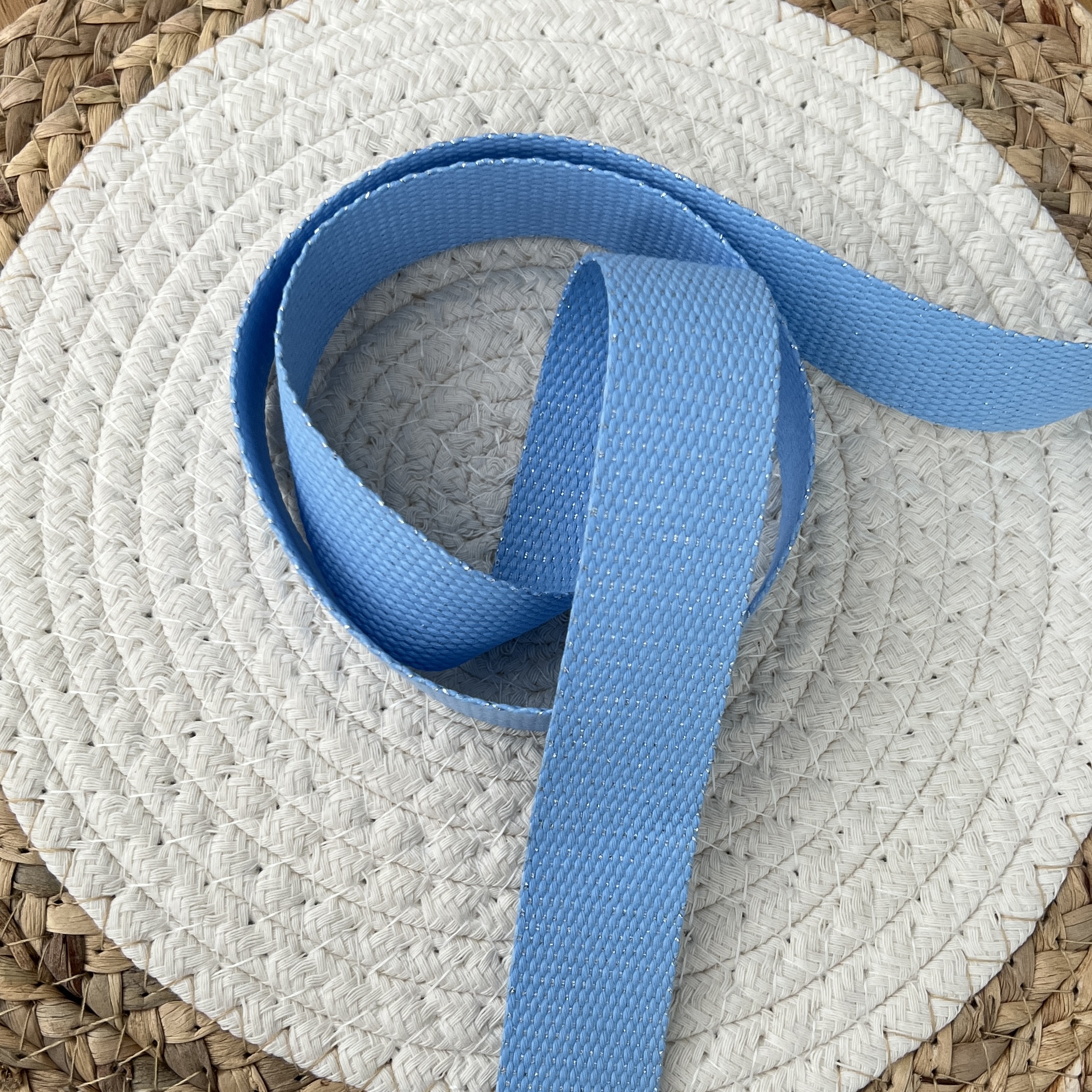 sangle lurex argent polyester effet coton bleu ciel