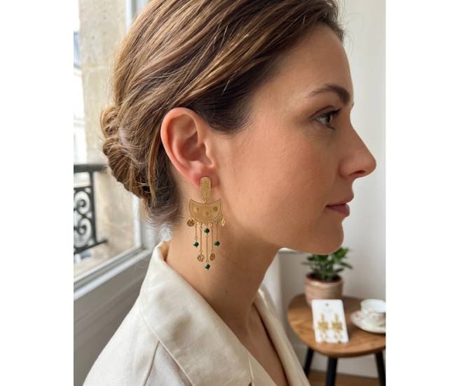 boucle d'oreilles acier inoxydable or et perle verte