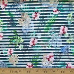 Tissu jersey viscose marinière rayure bleu et fleurie.