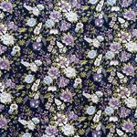 Tissu popeline de coton fleuri romantique bleu nuit et mauve.j