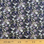Tissu popeline de coton fleuri romantique bleu nuit et mauve.