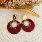 Boucles d'oreilles acier inoxydable et cercle rouge avec motif doré zig zag