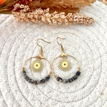 Boucles d'oreilles acier inoxydable pendante et pierre granite grise et soleil doré.