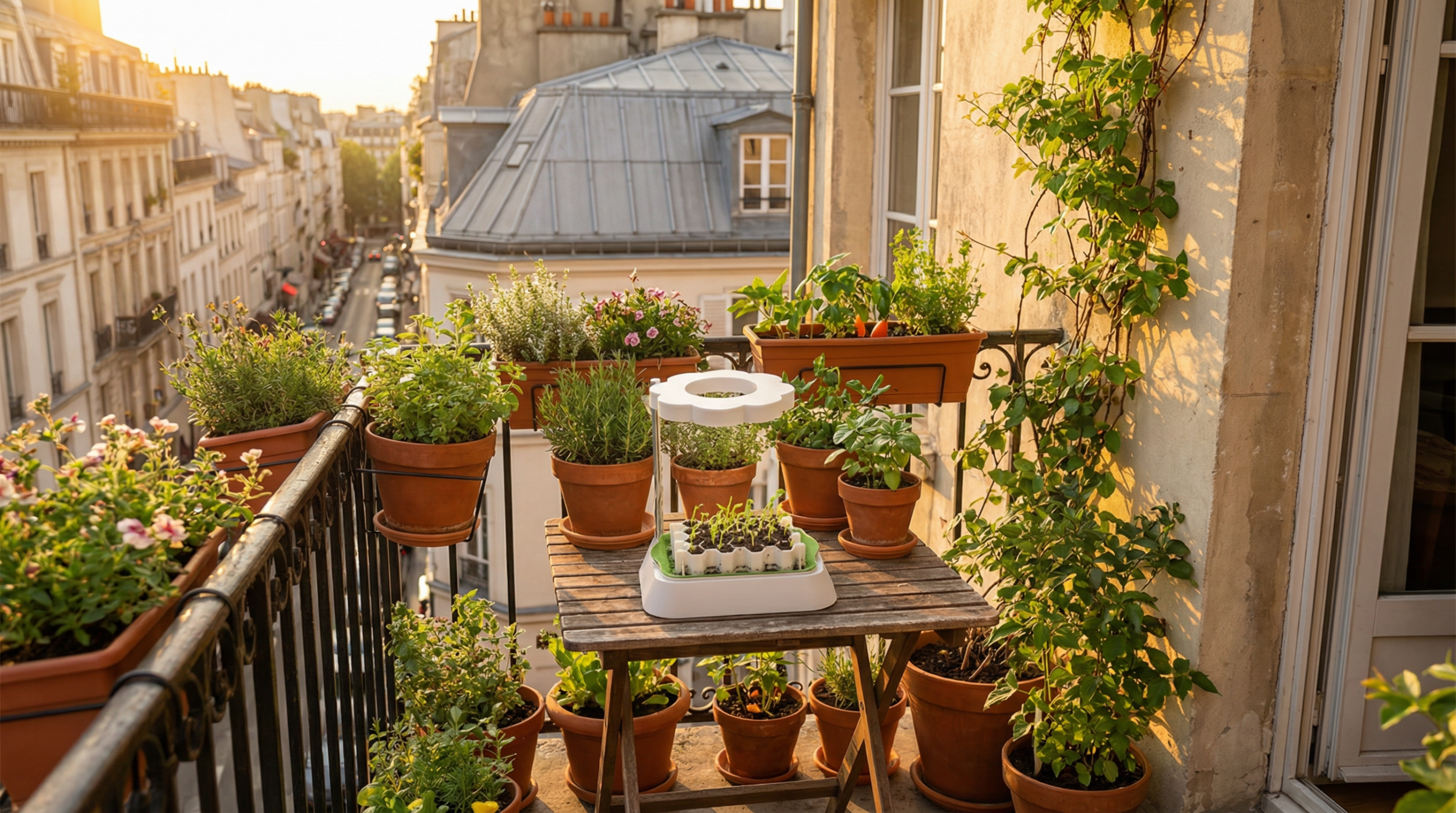 Germie germination kit on a sunny flower-filled balcony