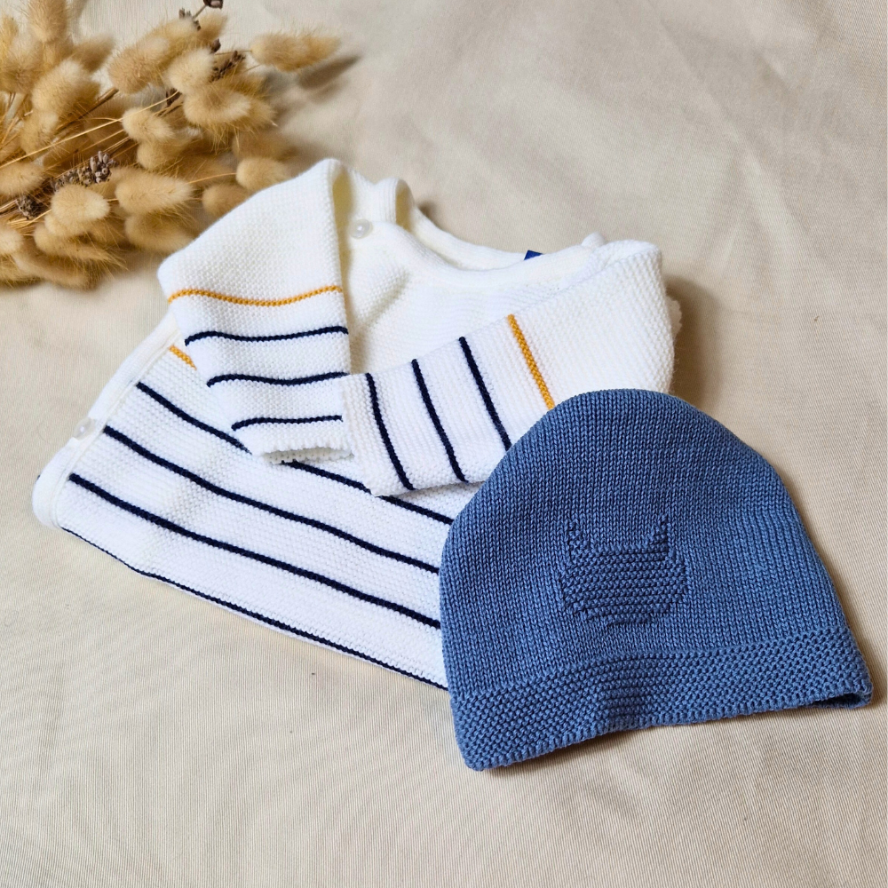 manufacture de layette combinaison mariniere ecru marine curry bonnet bleu pour bebe