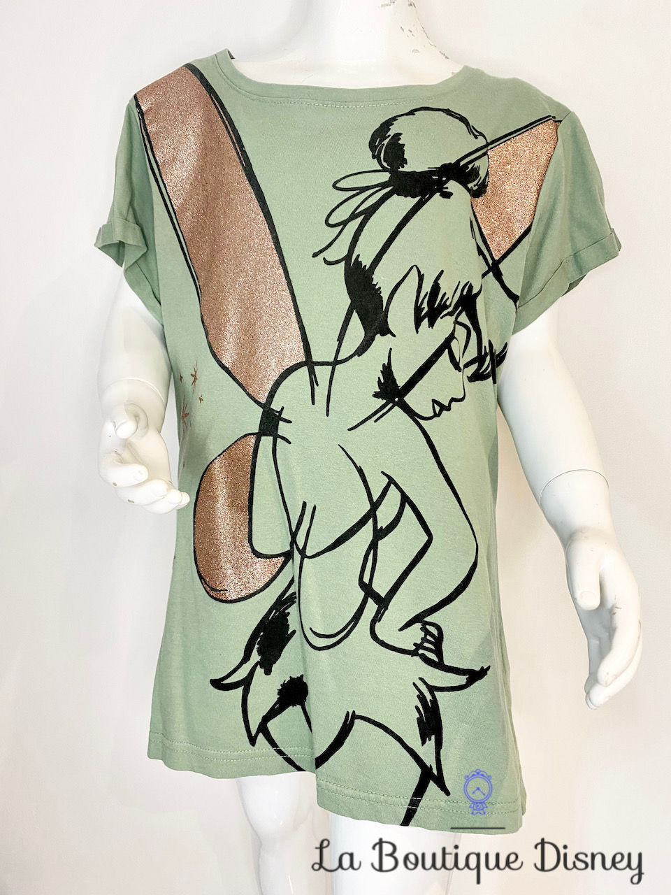 Tee shirt Fée Clochette Disney Primark Peter Pan taille XS 34-36 vert kaki paillettes