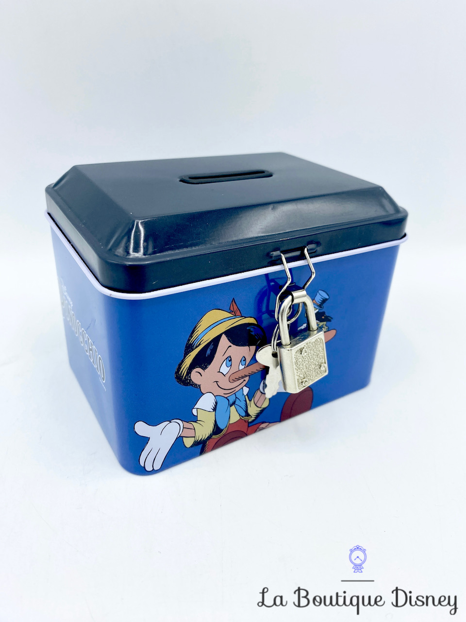 Tirelire métal Pinocchio Disney WO Products boite coffre bleu cadenas
