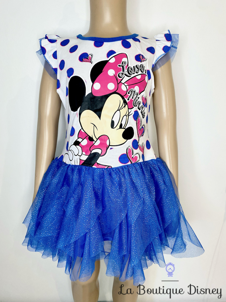 Robe Minnie Mouse Disney taille 6 ans tutu voile bleu blanc pois Love Minnie