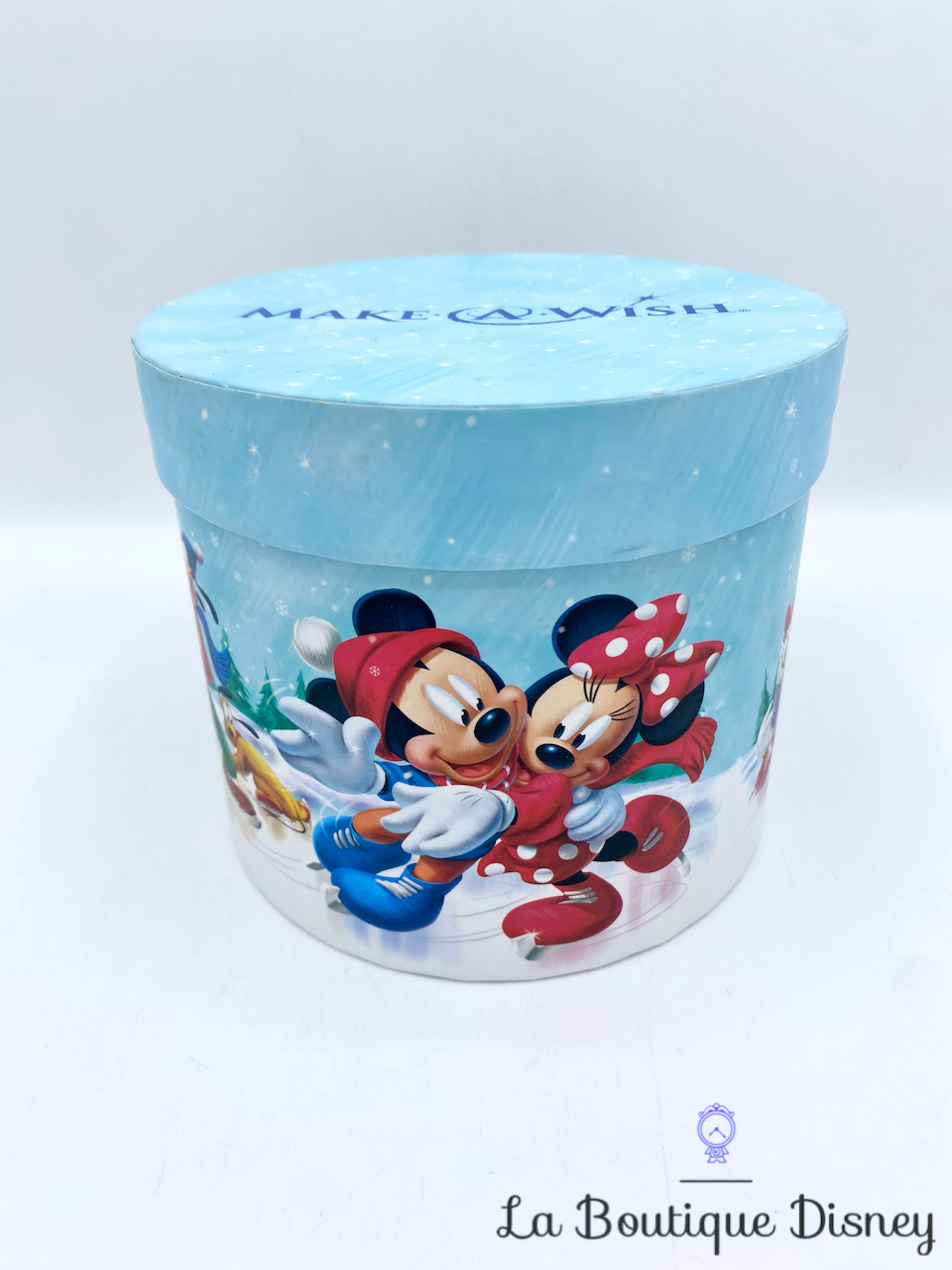 Boite carton Mickey Minnie et leurs amis Hiver Disney Store rond Make a Wish patinoire neige