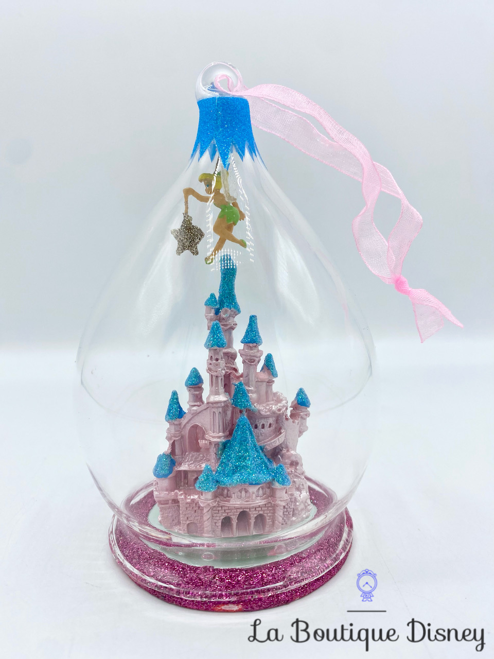 Boule Noël Château Fée Clochette Disneyland Paris Disney bleu rose ornement suspension verre