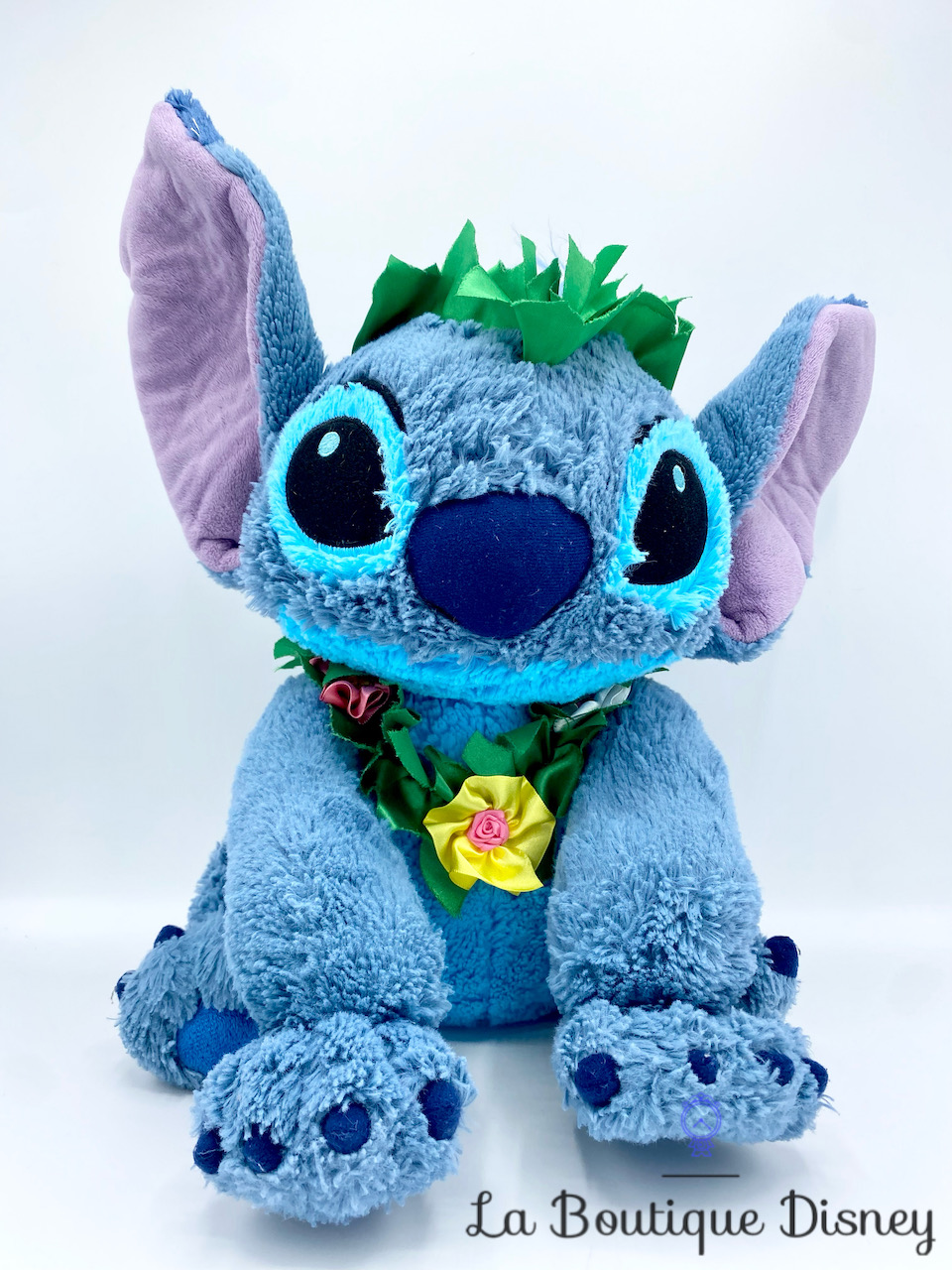 Peluche Stitch Hawaiien Disneyland Disney monstre bleu fleurs feuilles 38 cm