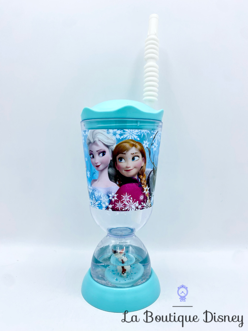 Gobelet paille La reine des neiges Disney Store verre plastique bleu Anna Elsa Olaf Sven
