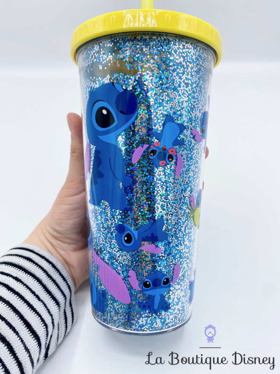 Gobelet paille Stitch Disney Store verre plastique paillettes bleu