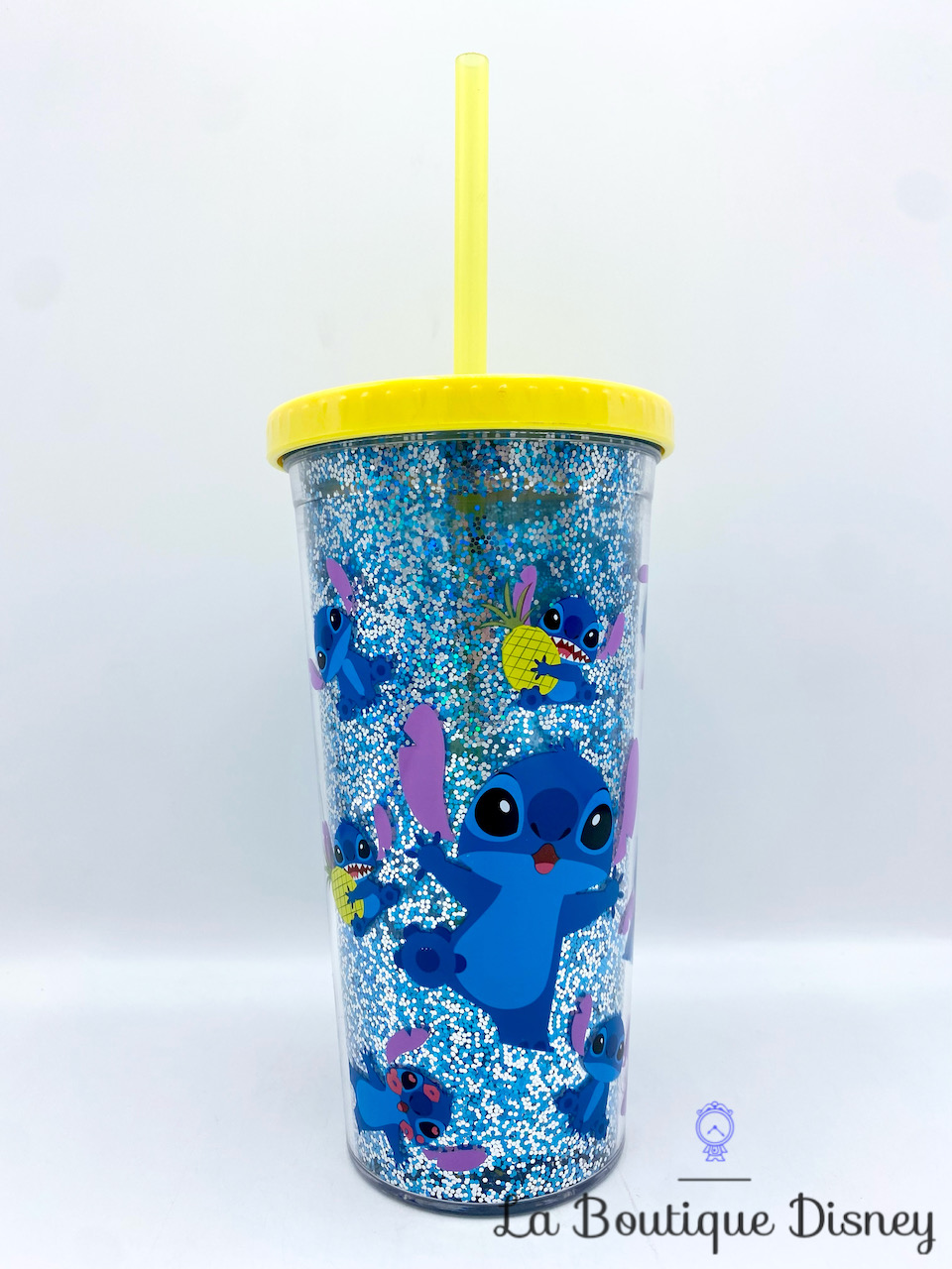 Gobelet paille Stitch Disney Store verre plastique paillettes bleu jaune