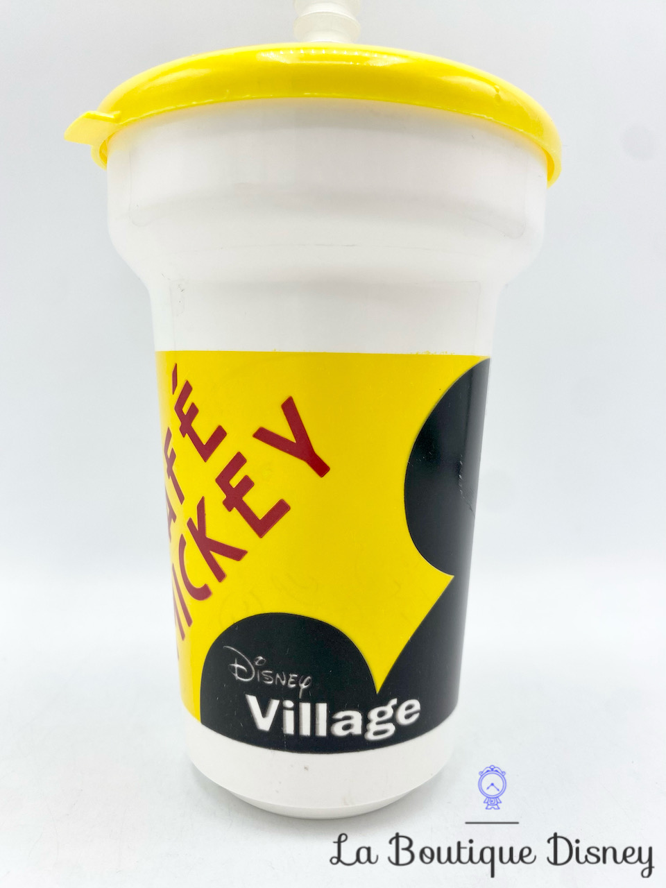 gobelet-paille-café-mickey-disney-village-verre-plastique-jaune-vintage-2