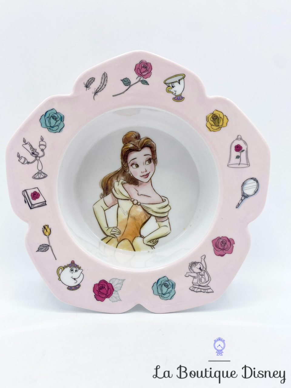 Assiette creuse Belle La belle et la bête Disneyland Paris Disney plastique rose blanc fleur