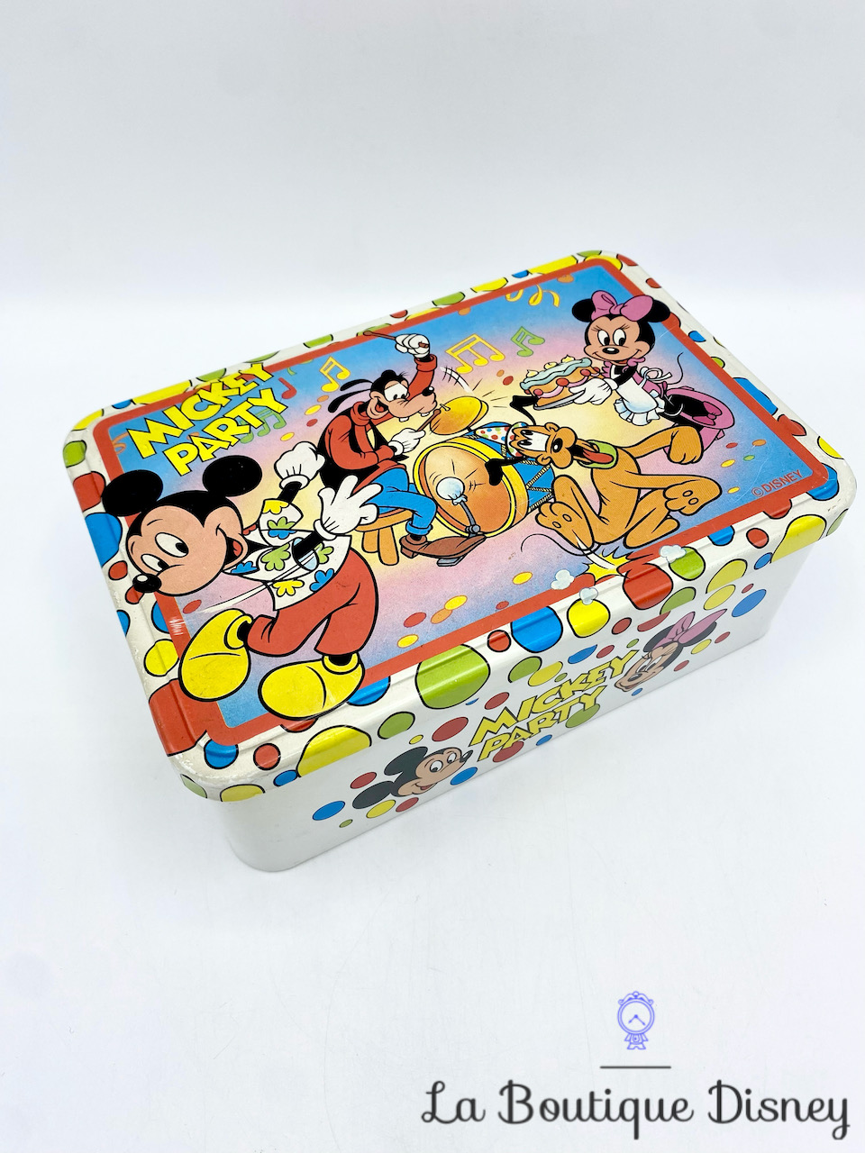 Boite métal Mickey Party Disney Massilly Minnie Pluto Dingo gâteau vintage
