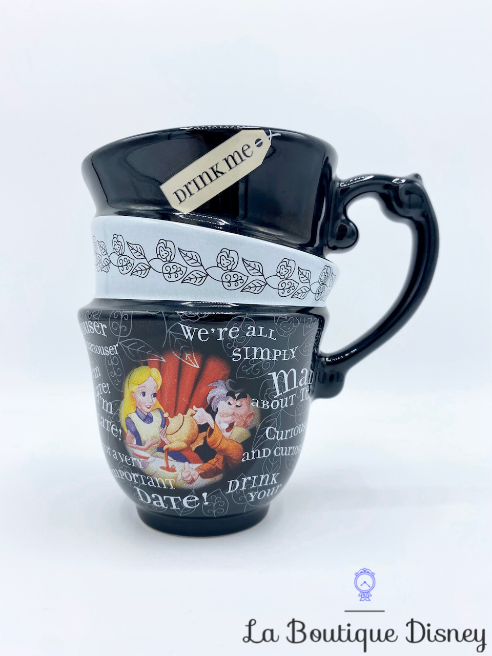 Tasse Alice aux pays des merveilles Disney Parks mug Disneyland noir blanc thé Chapelier empilé
