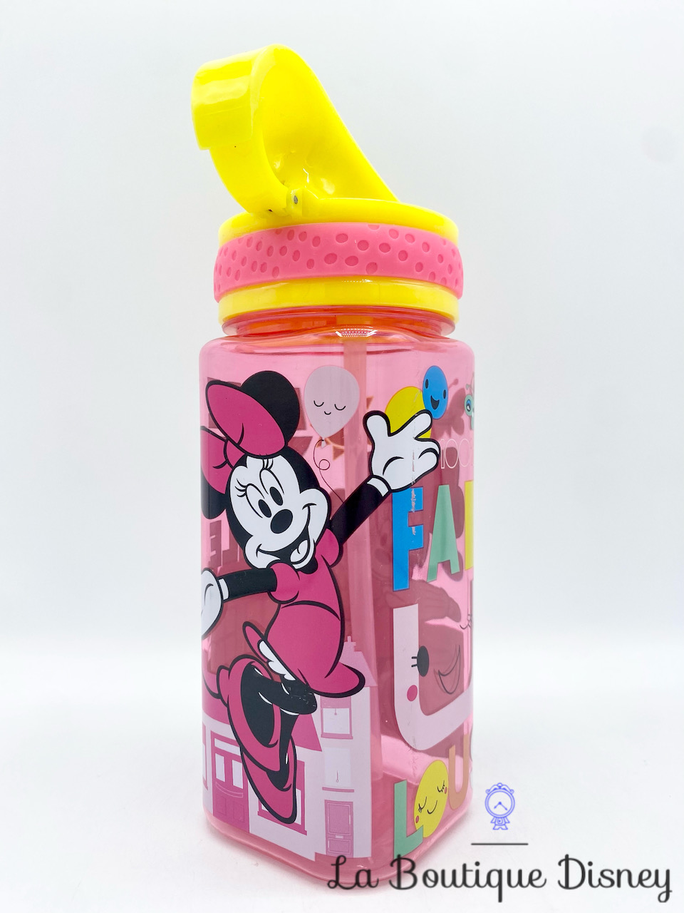 Gourde Minnie Mouse Fabulous Disney Store bouteille plastique paille rose jaune