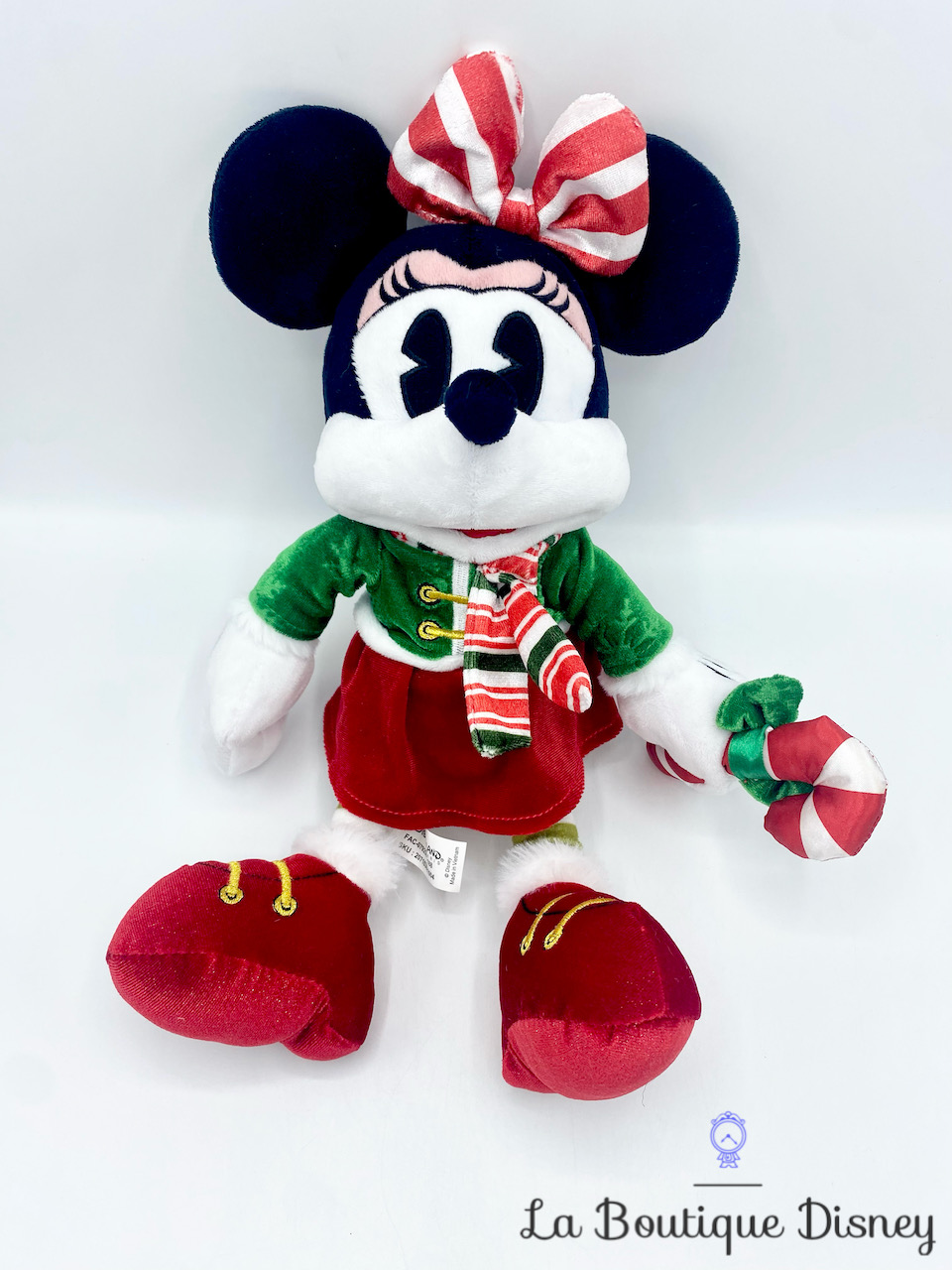 Peluche Minnie Mouse Noël 2022 Disneyland Paris Disney sucre d\'orge rouge vert 36 cm