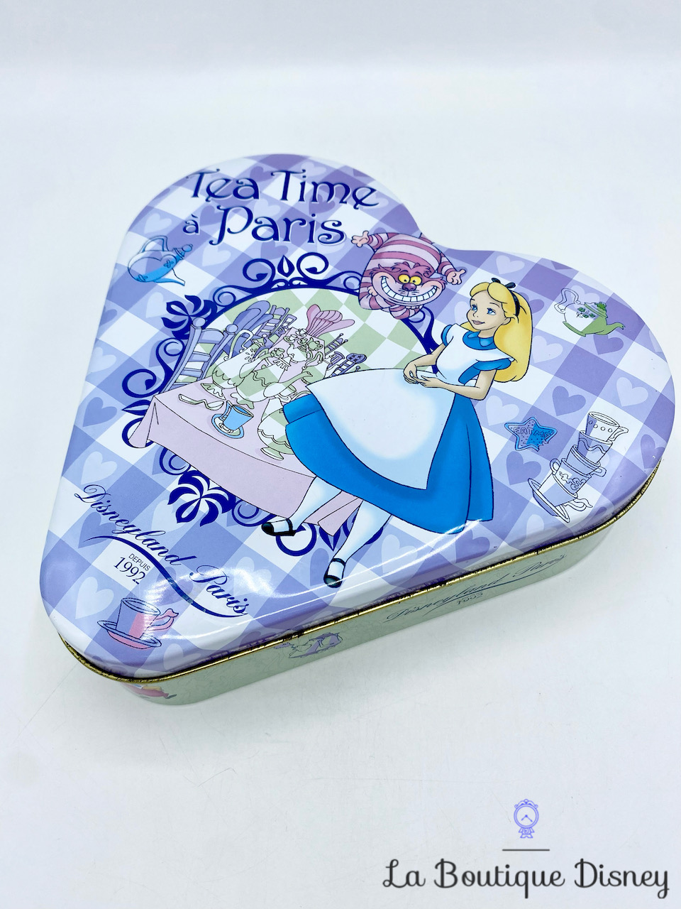 Boite métal coeur Alice au pays des Merveilles Tea Time à Paris Disneyland 1992 Disney gâteaux biscuits