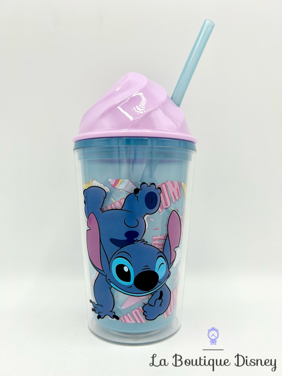 Gobelet paille Stitch Glace Disney Store 2017 verre plastique bleu rose