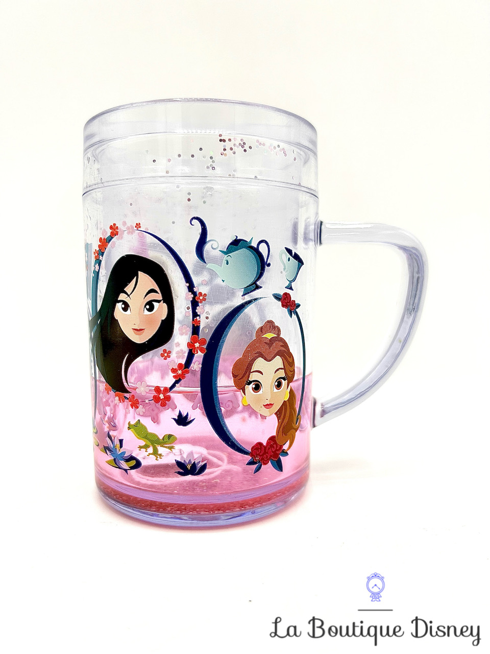 Tasse plastique Princesses Disney Store 2018 mug rose violet eau paillettes