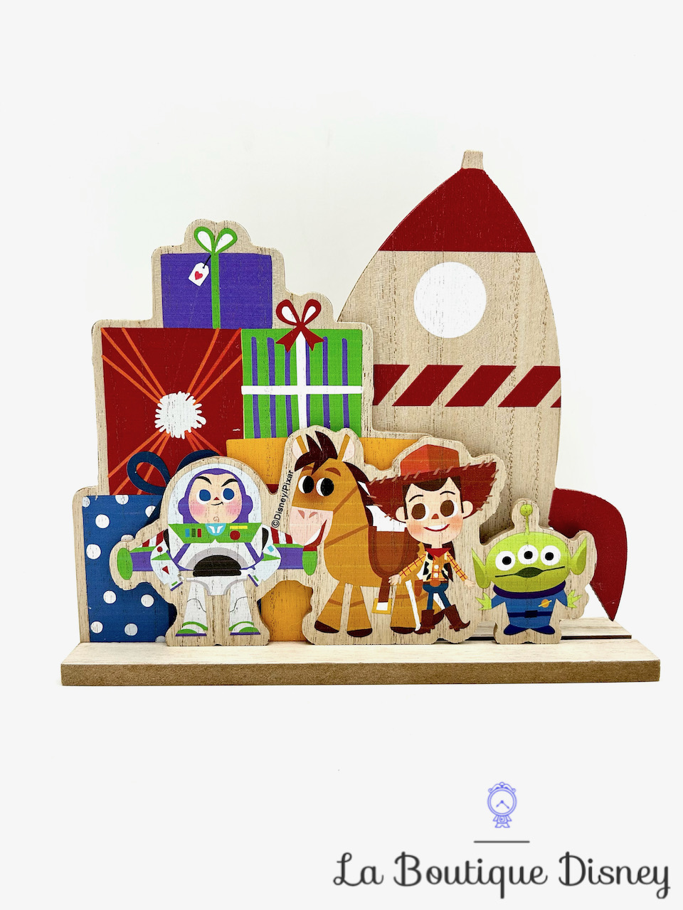 Décoration Noël Toy Story bois Disney Gifi Woody Pile Poil Buzz l\'éclair Alien cadeaux fusée