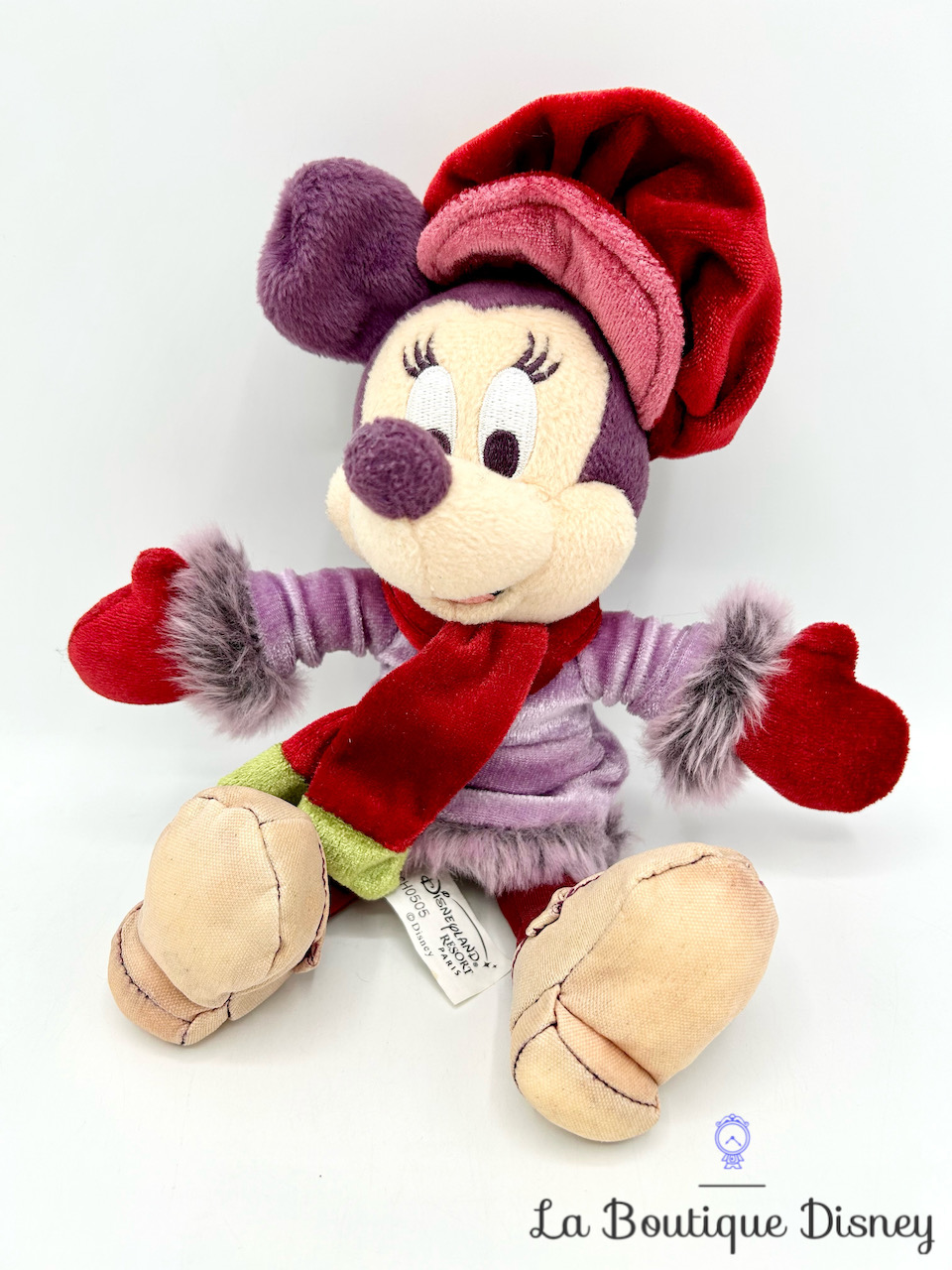 Peluche Minnie Mouse Hiver Disneyland Paris Disney manteau chapeau violet rouge 23 cm