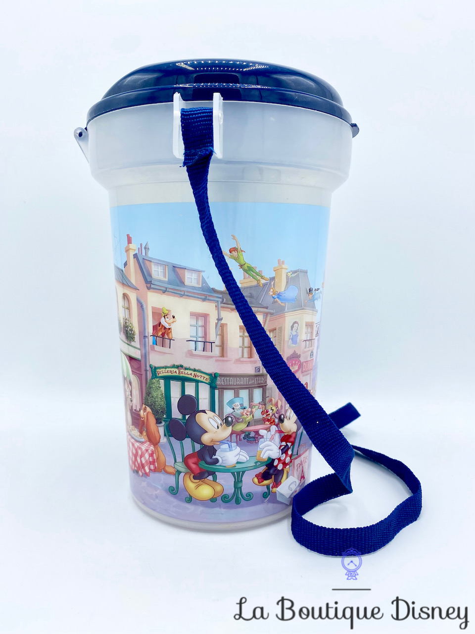 Seau Pop Corn Disneyland Paris Ville Tour Eiffel Mickey Minnie restaurant bleu boite plastique