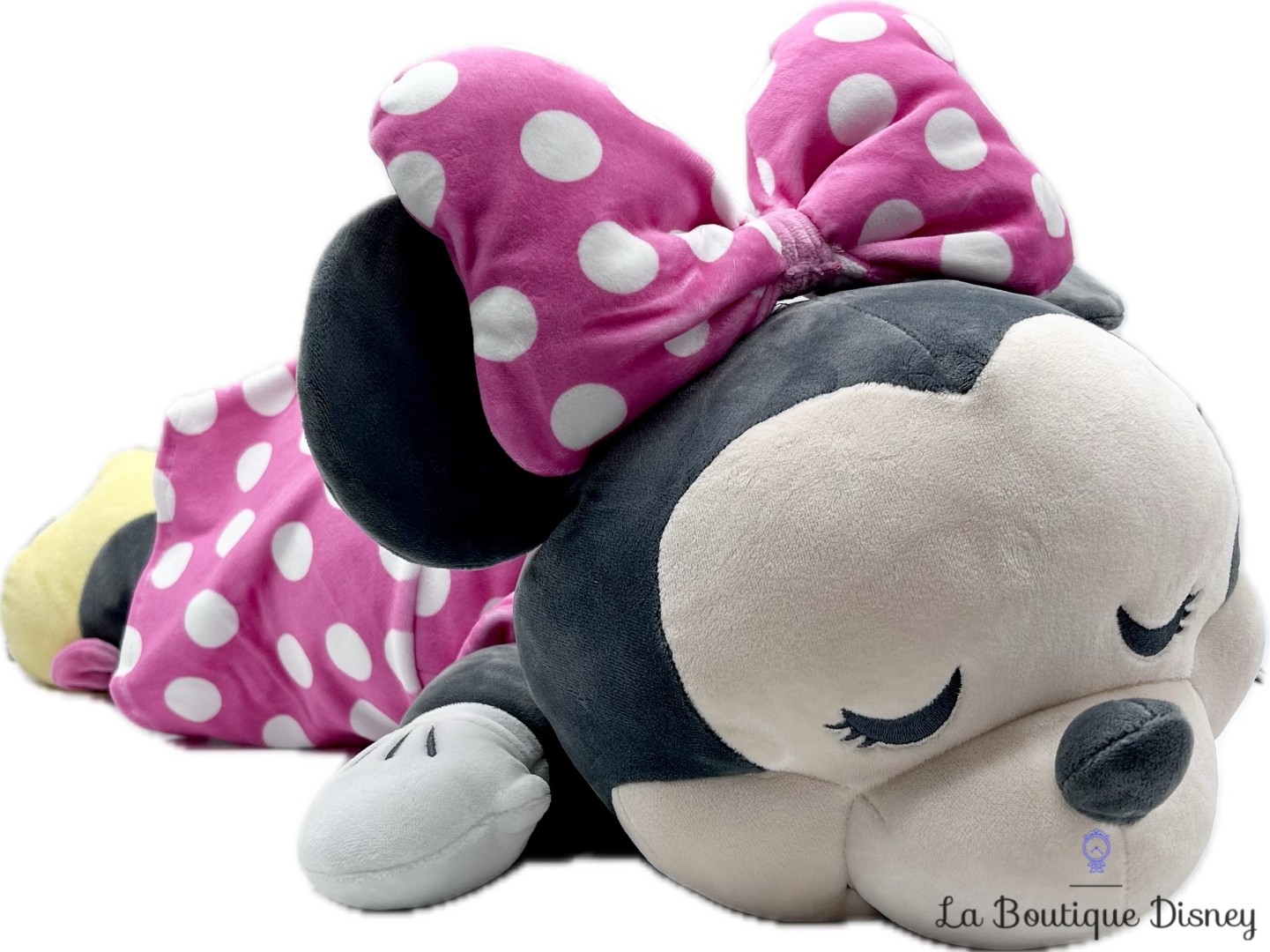 Peluche-Minnie-Mouse-Cuddleez-Disney-Store-2022-pois-rose-dort-couché (1)