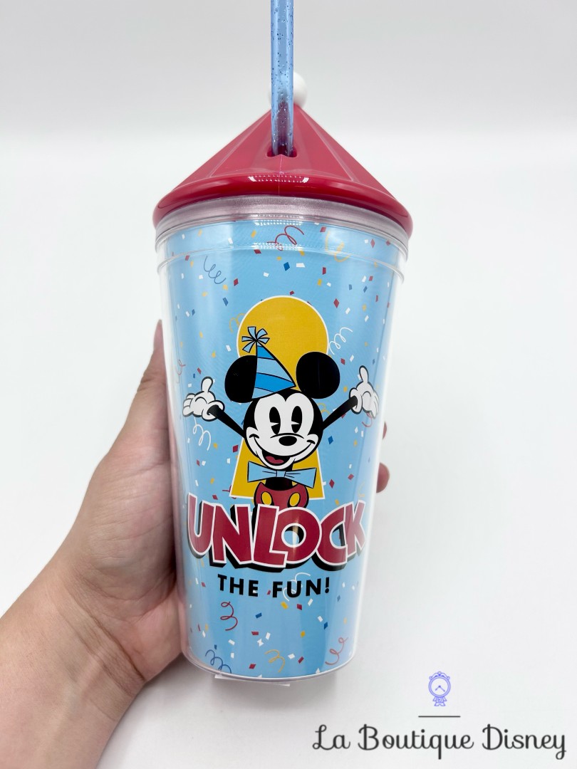 Gobelet-paille-Mickey-Mouse-Party-Unlock-the-Fun-Disneyland-2018-Disney-verre-plastique-bleu (1)