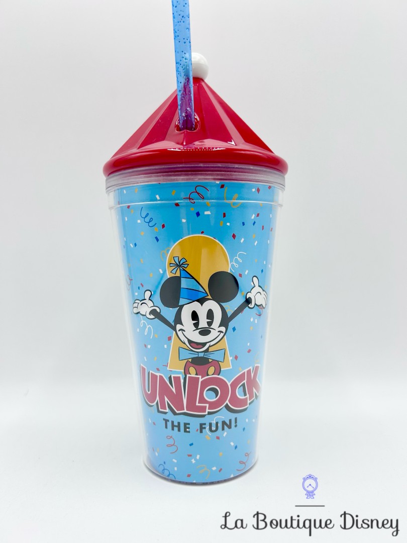 Gobelet-paille-Mickey-Mouse-Party-Unlock-the-Fun-Disneyland-2018-Disney-verre-plastique-bleu (3)